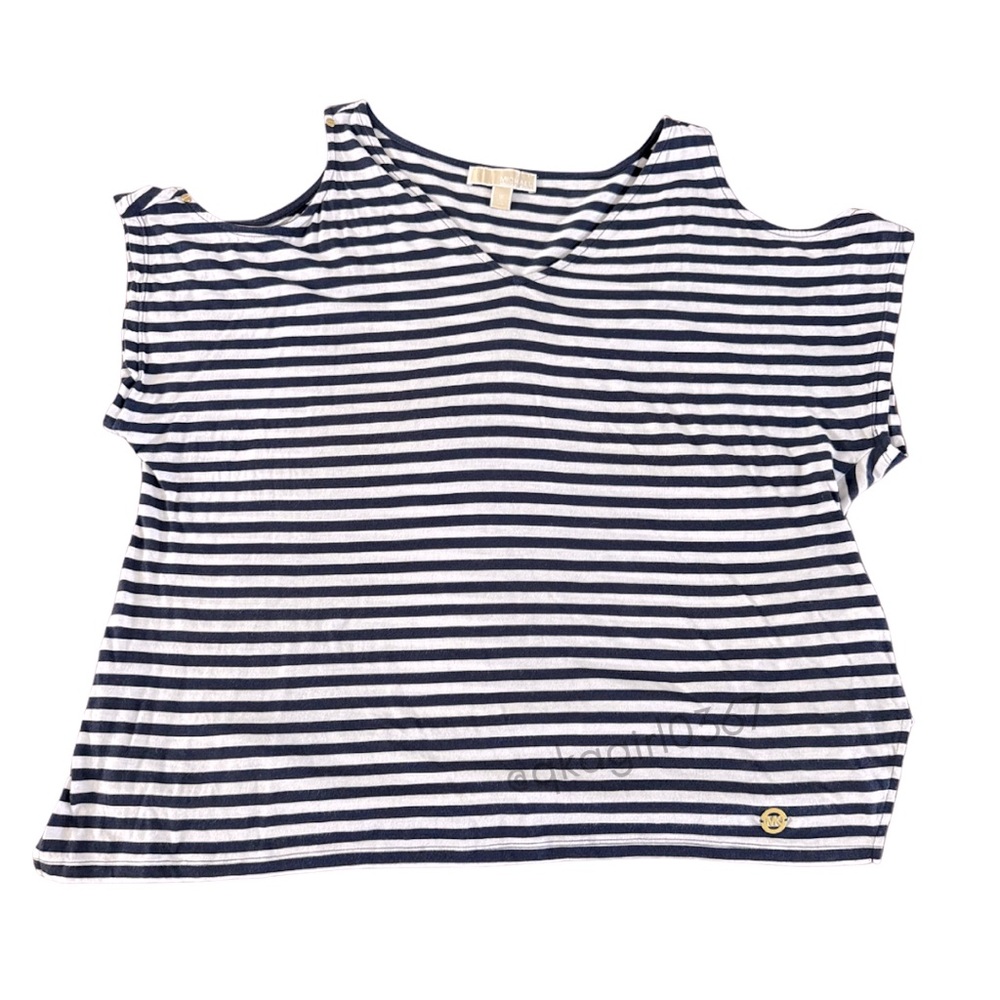 Michael Kors Blue & White Striped Cold Shoulder Top with gold accents